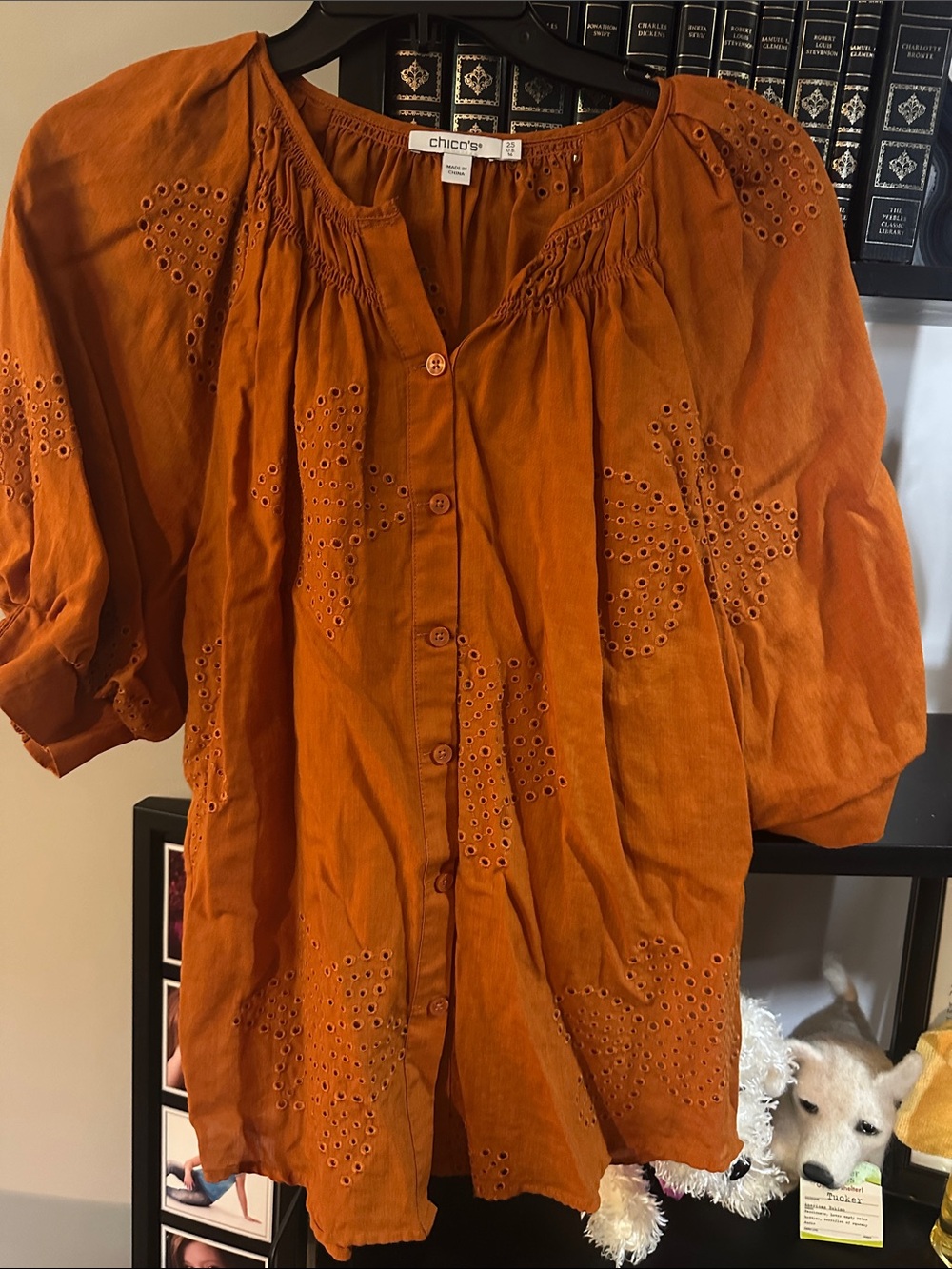 Chico's Women's Burnt Orange Eyelet Button-Front Blouse